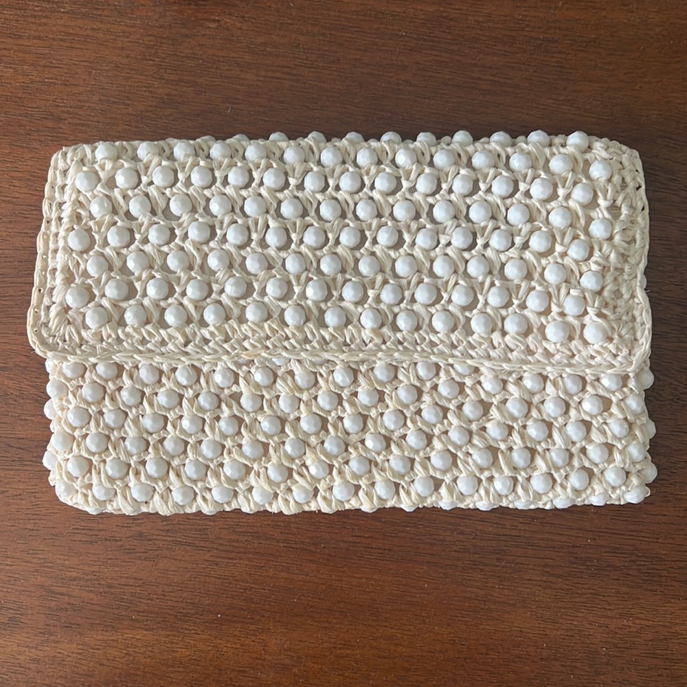 Vintage 1960’s Raffia and beaded clutch, no labels.